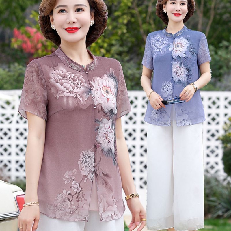 Summer Clothing Over 60 - طقم قميص شيفون أنيق للنساء متوسطات